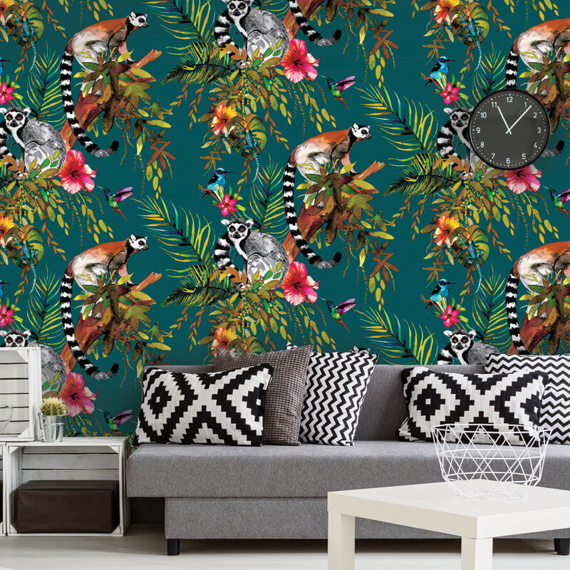 Kooky Lemur Wallpaper in Teal Roll or Sample| Love Frankie