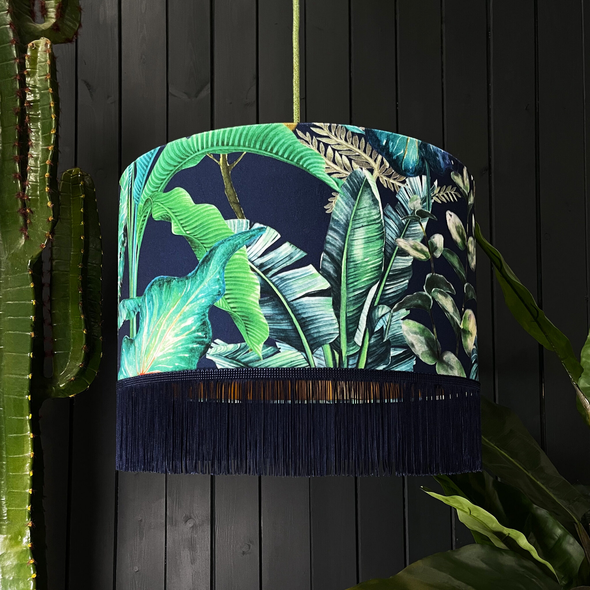 Tropical Rainforest Jungle Lampshade With Gold Lining & Fringing