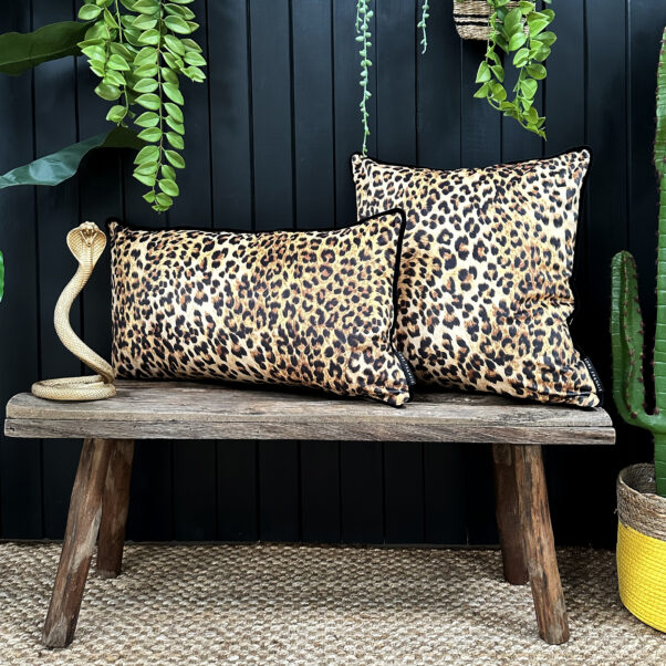 Leopard Print Velvet Cushion with Black Piping Bolster Love Frankie