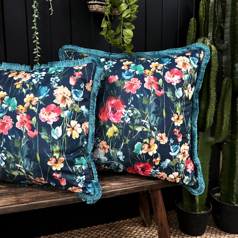 Hazy Meadow Cushion In Moonshine with Aqua Fringe Large Love Frankie