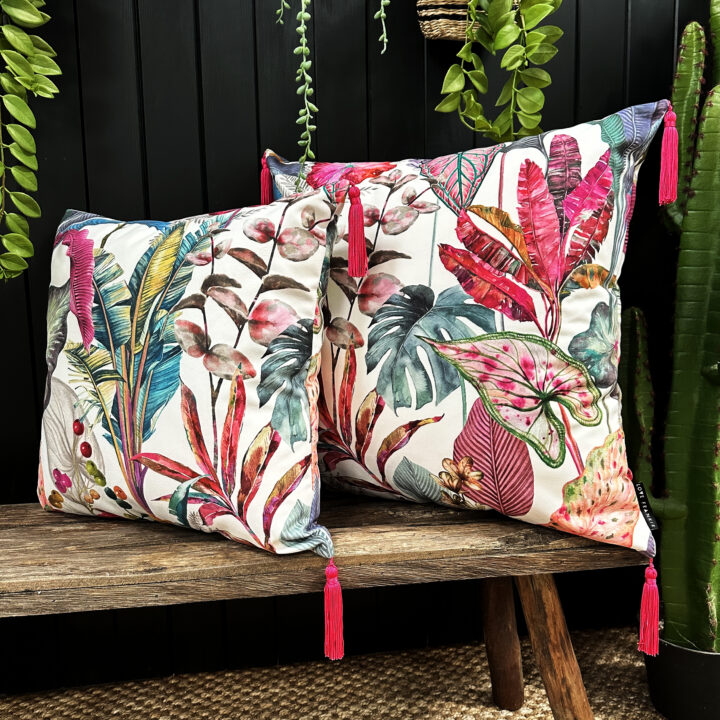 love Frankie ice jungle velvet cushion with raspberry tassels