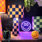 Handmade Checkerboard Velvet lamps in Peach Fuzz. Peach and Indigo Checkerboard Lamps - The Midi