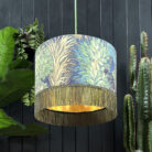 love frankie enchanted woods velvet lampshade with gold lining and olive fringing in emerald