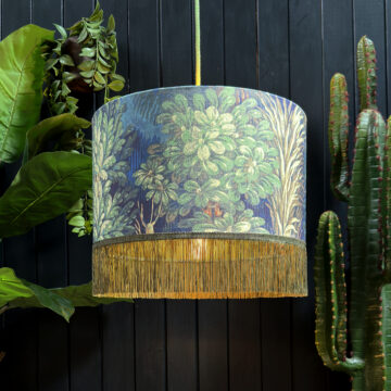 Emerald Enchanted Wood Velvet Lampshade with gold lining and Olive Fringing